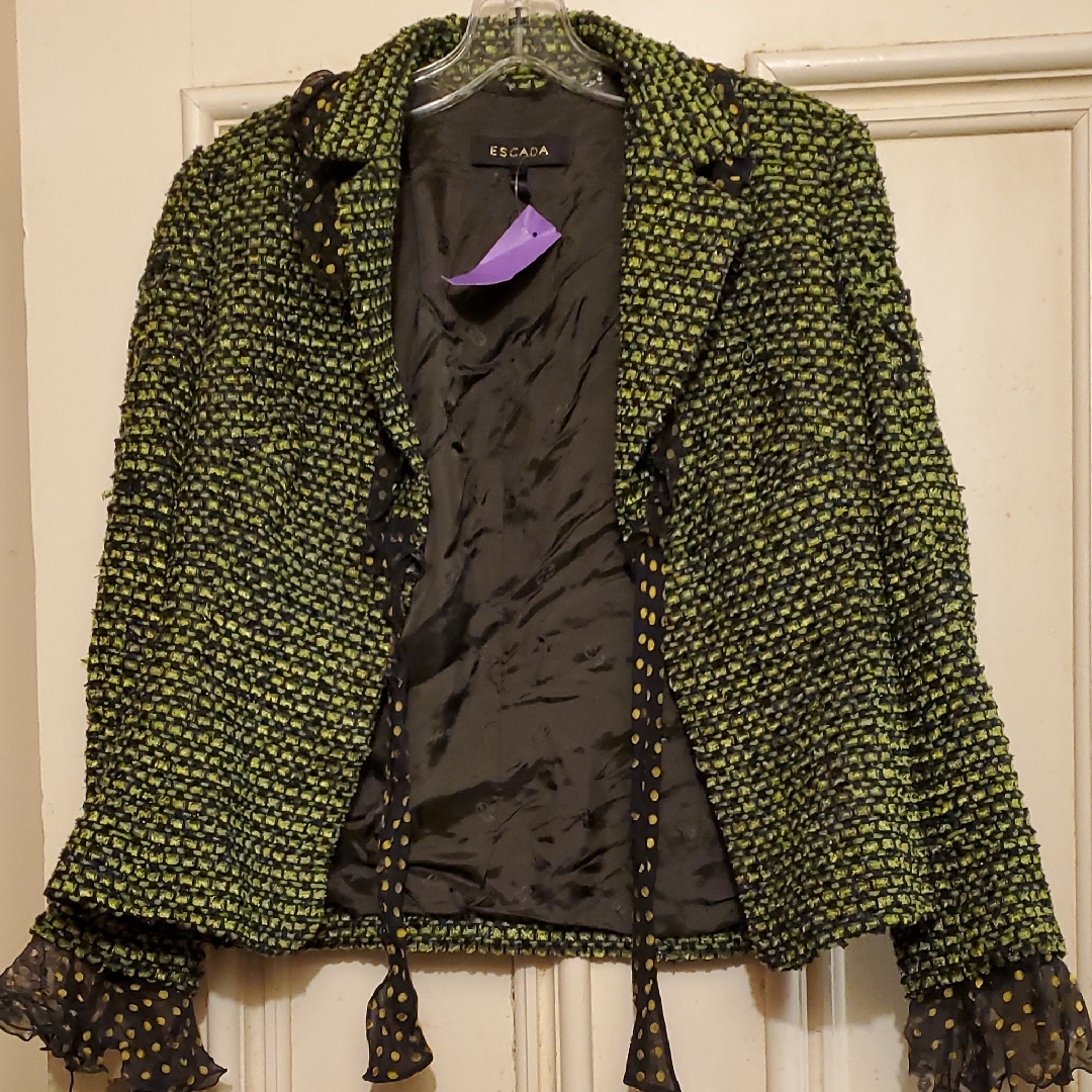 Escada Green Tweed Women's Jacket For Projects With Matching Skirt